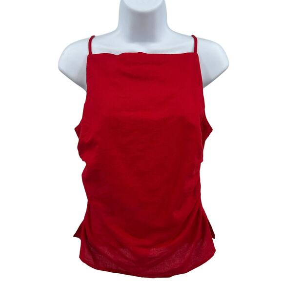 Madewell Ruched Squareneck Tank WMNS 2 Red Linen-Cotton Adjustable Strap Smocked - Picture 3 of 13
